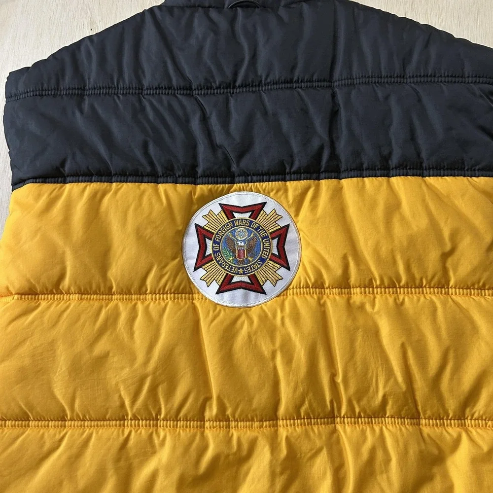 Starter Vest Mens XL Yellow Puffer Insulated USA Flag VFW Zip Pockets Lined